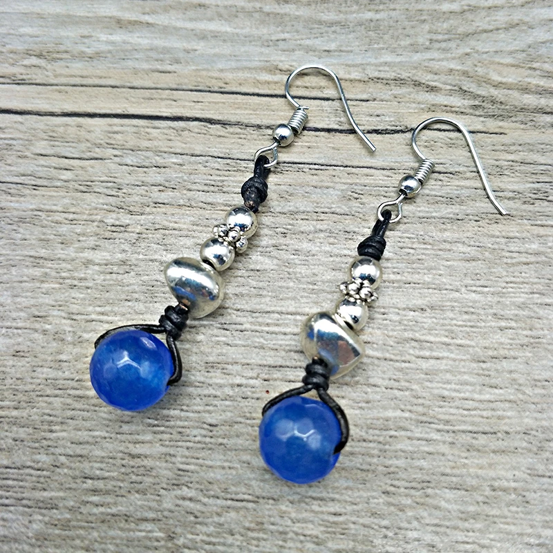 

Shuangsheng New fashion retro women's earrings natural stone beads leather handmade ethnic wind earrings girl's gift