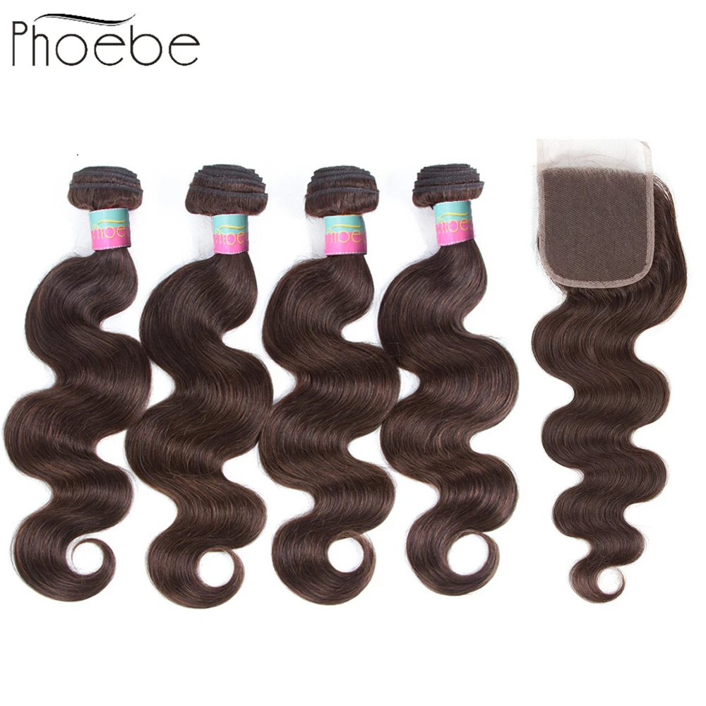 Phoebe Hair 2# Malaysia Body Wave 4 Bundles with Closure Non-Remy 100% Human With 4*4 Lace | Шиньоны и парики