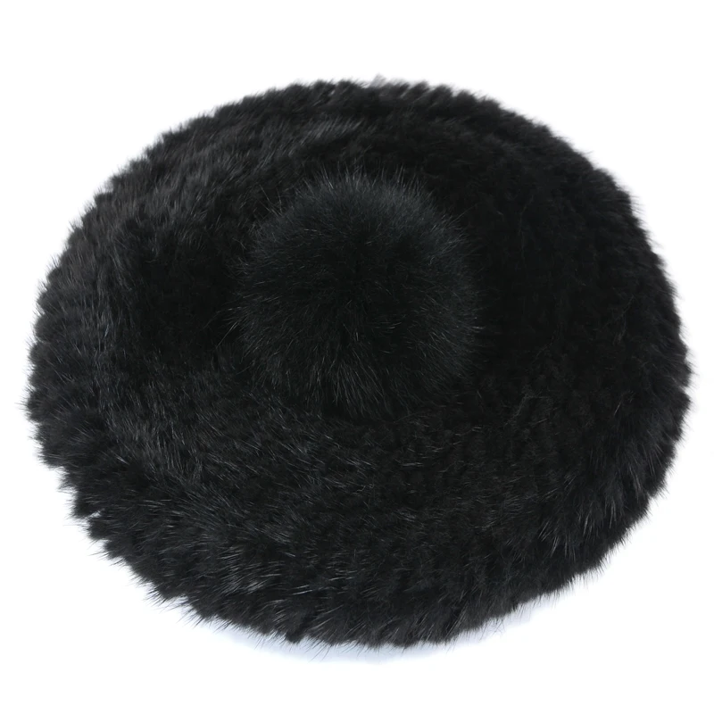 Меховая шапка, модный вязаный берет из настоящей норки, шапка с лисьим мехом, помпон, береты, теплая зимняя Черная Женская норковая шапка