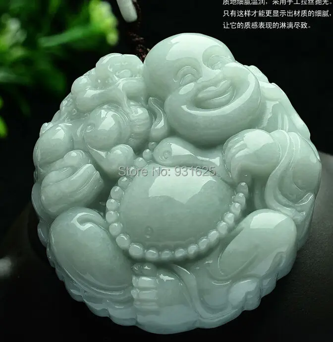 

Beautiful Chinese Green FeiCui Carved Laughing Buddha pendants Blessing Lucky pendants necklace unique