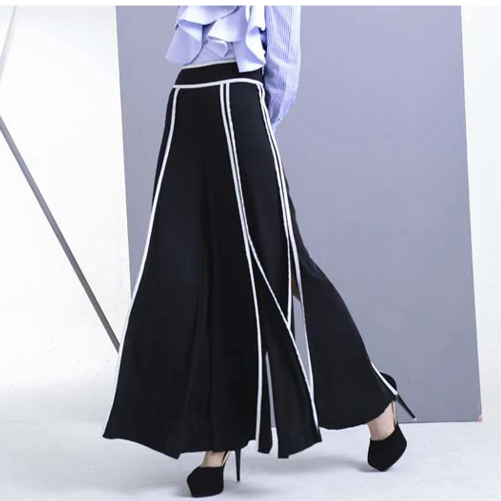 

Women Fashion Street Wear Zipper Waist Split Flare Full Pants All Matching Loose Over Size Chiffon Pants FS0668