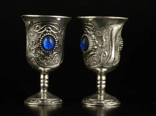 Пара(2 шт.) коллекции старая ручная работа Miao Серебряная инкрустированная синими бусинами чашка Кубок