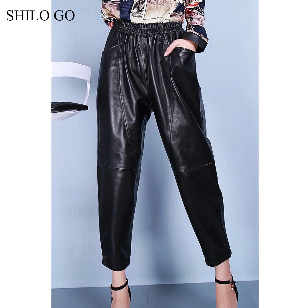 SHILO GO кожаные брюки женские весенние модные овчины штаны из натуральной кожи стрейч Высокая талия боковой карман свободные шаровары