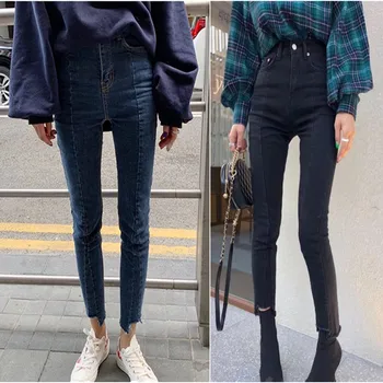 

high waist jeans woman casual stretch denim stitching blue black jeans and skinny jeans trouser irregular leg opening