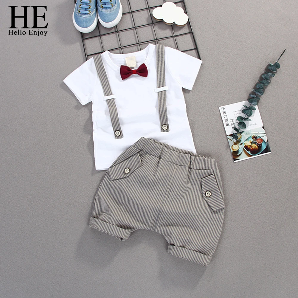 HE Hello Enjoy/Детские комплекты одежды с бантом для мальчиков футболка с короткими рукавами для маленьких джентльменов+ шорты Одежда для маленьких мальчиков повседневная одежда для малышей