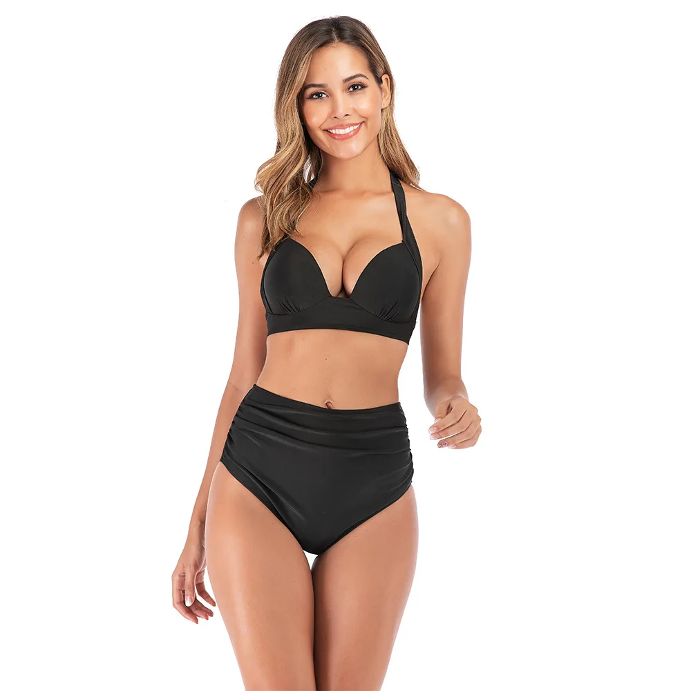 

Sexy women's solid color beach swimwear fashion two-piece high waist bikini set push-up bra backless swimsuit girl 2XL