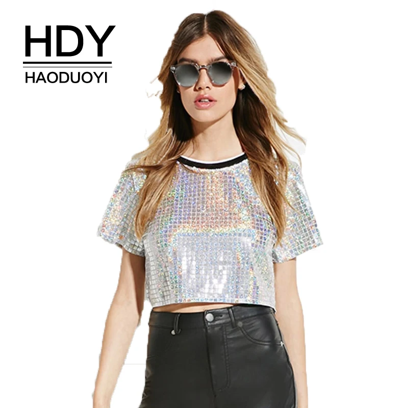 

HDY Haoduoyi Solid Silver Women T-Shirt Sequin Sexy Pullover Short Sleeves Female Tees O-Neck Streetwear Punk Style Crop Tops