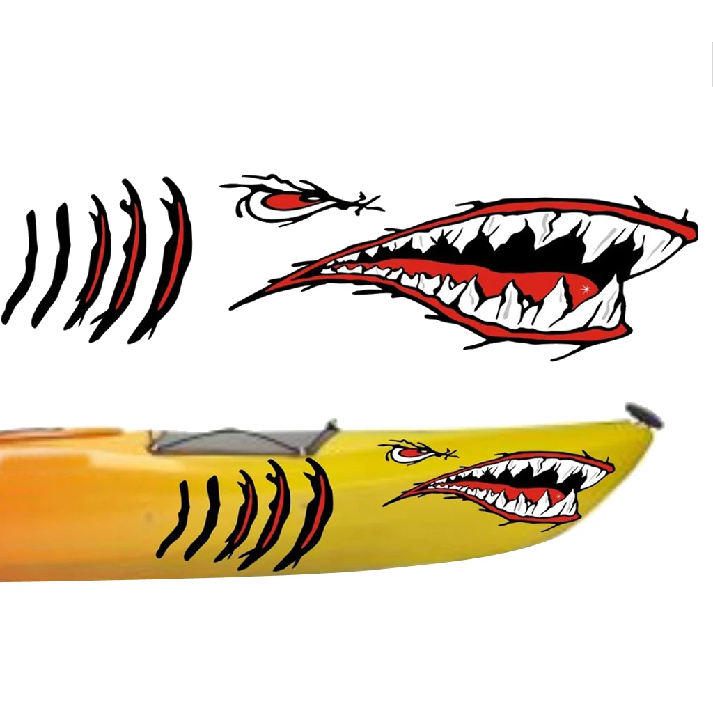 2 Pieces Waterproof Shark Teeth Mouth Eyes Stickers Kayak Boat Car Bumper Window Funny Decals -Self adhesive & Long Lasting