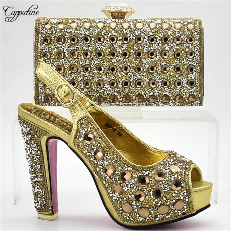 

Capputine 2018 High Quality Full Rhinestones Shoes And Bag Set Summer Fashion Woman Shoes And Bags Set For Party DF-18