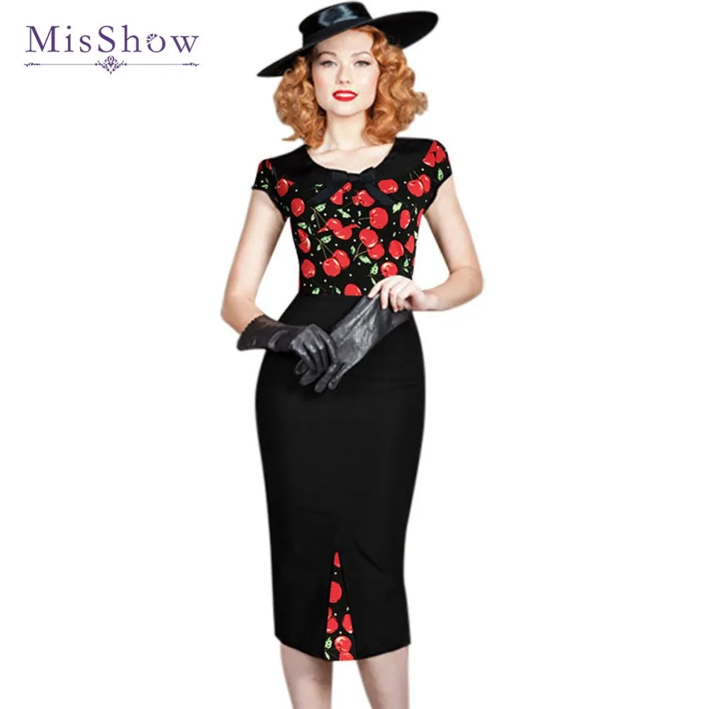 

MisShow Summer Elegant Short Sleeve Vintage Pencil Dresses Cherry Printed Sexy Black Bow Bodycon Bandage Club Party dresses