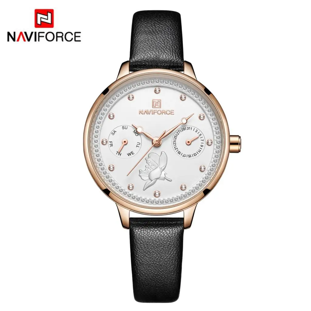 Черный NAVIFORCE, женские часы, модные, кварцевые, женские, кожаный ремешок для часов, дата, неделя, повседневные, водонепроницаемые, наручные часы, подарок для девушки - Цвет: Черный