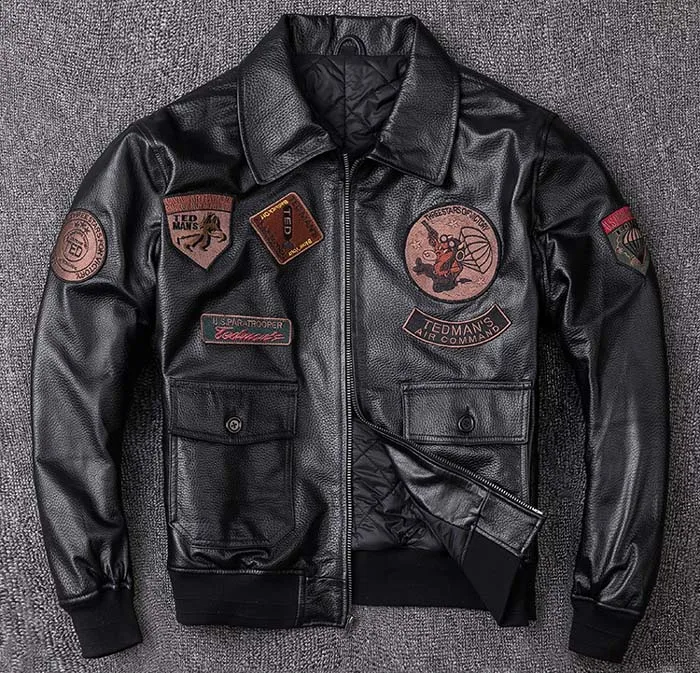 New winter man leather coat male genuine real sheepskin leather jacket American airforce military with badge cotton padded 4xl