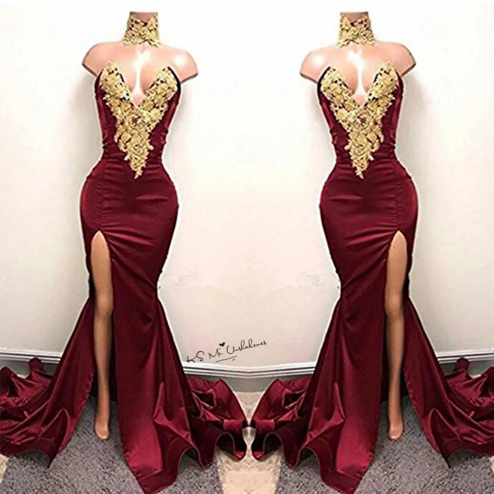 

Burgundy Sexy Women Gold Lace Applique Long Evening Gowns Split Side Mermaid Prom Dresses 2017 High Neck Robe de Soiree