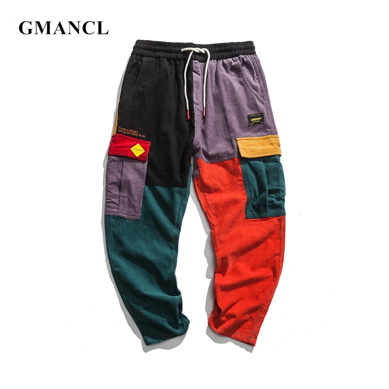 

Men Hip Hip Vintage Patchwork Corduroy Cargo Pants Harem Joggers Sweatpants Multi-pocket Harajuku streetwear jeans Trousers