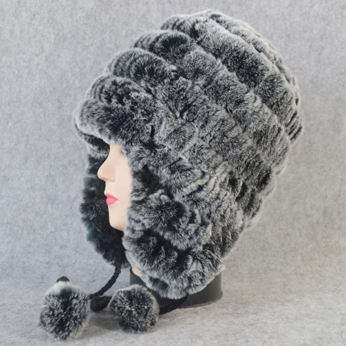 Качественная зимняя шапка для девочек, настоящий мех кролика, женская вязаная шапка из натурального кролика Рекс, меховые шапочки, теплые шапки из натурального меха - Цвет: gray