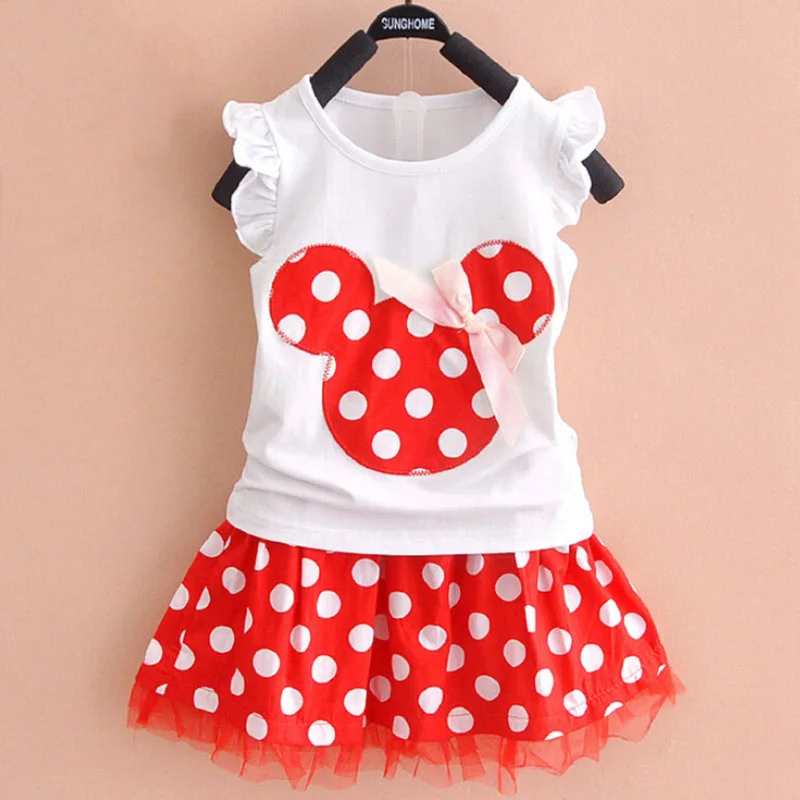 

2018 New 2Pcs/Set Toddler Handheld Baby Girls sets vest/tank/T-shirt+skirt Kids Princess Party Dress Dot Dresses 1-3 years