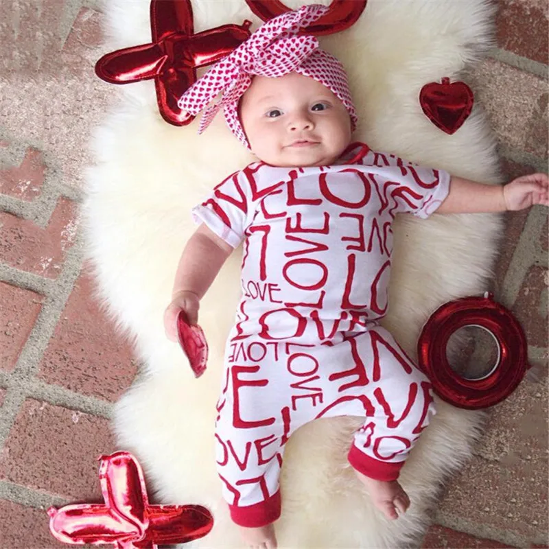 

pudcoco 2019 Baby Girl Clothes Bodysuit Newborn Love Print For Kids Costume Valentine Children Toddler Tiny Cottons Red