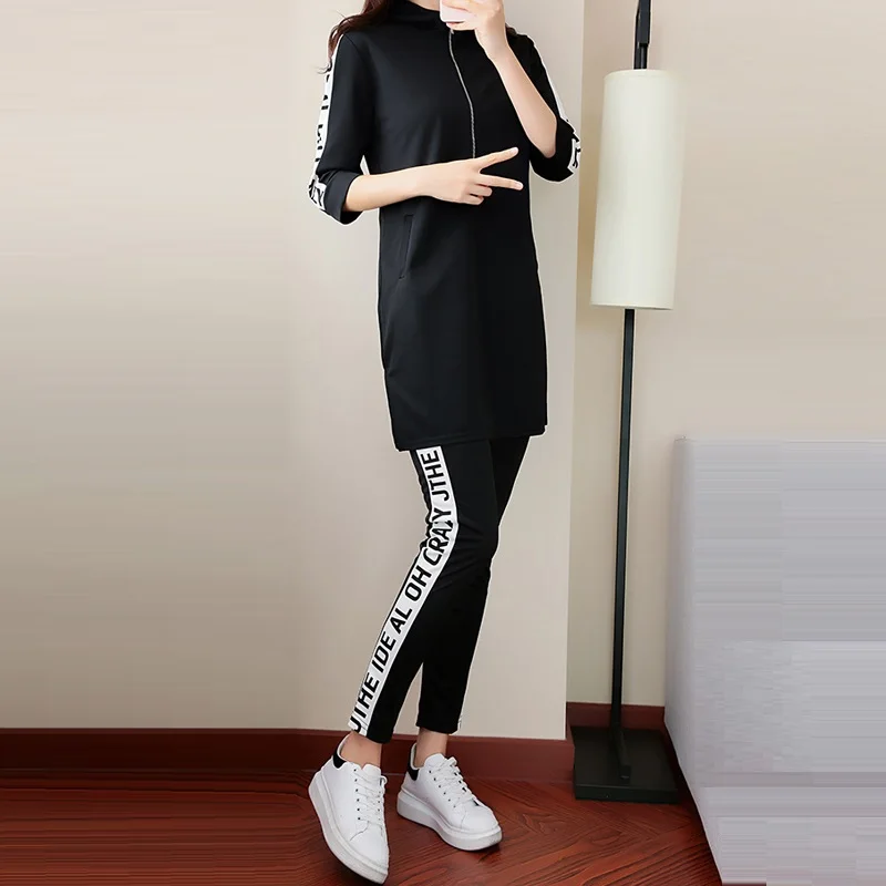 

2 Piece Set Women Long Hoodied Sweatshirt Pant Sets 2019 New Autumn Fashion Elegant Letter Print Tracksuit Pants Suits