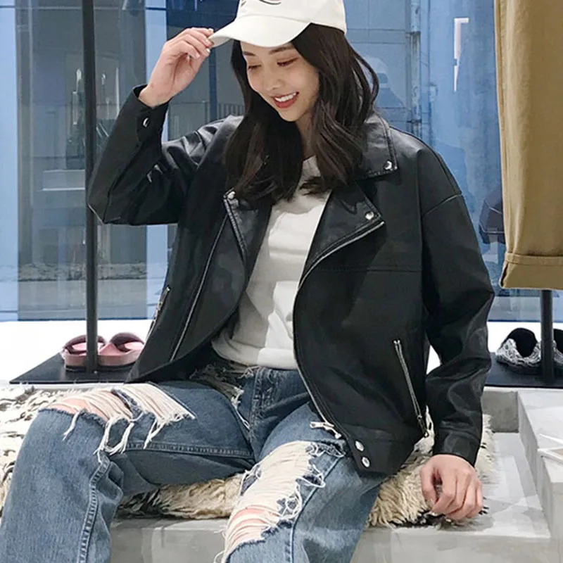 

2019 New Autumn High Fashion Street Women's Washed PU Leather Jacket Short oversized Zipper Jackets Good Quality