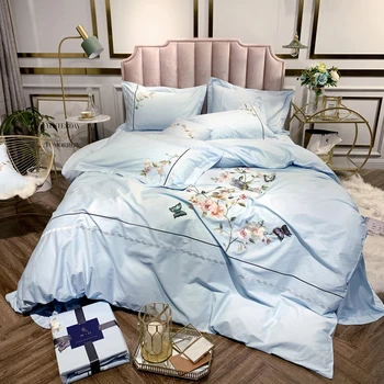 

Blue Luxury Chinese Style Butterfly Flowers Embroidery Egyptian Cotton Bedding Set Duvet Cover Bed sheet/Linen Pillowcases 4pcs
