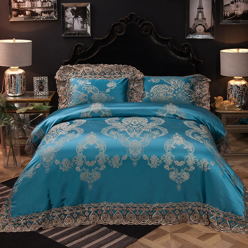 Blue Red Color Jacquard Oriental Luxury Queen/King Wedding Bedding sets