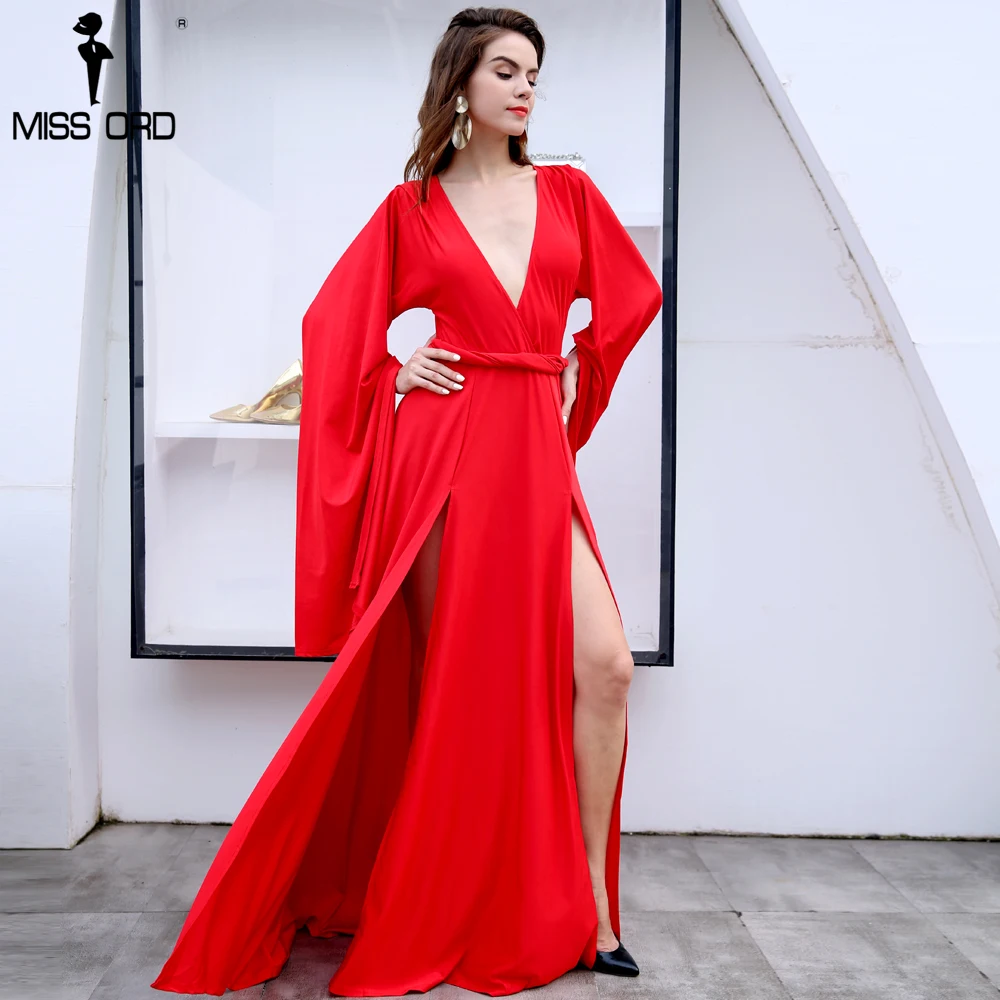 

Missord 2019 Sexy Deep-V long-sleeve backless high split maxi elegant pleated dress FT8297