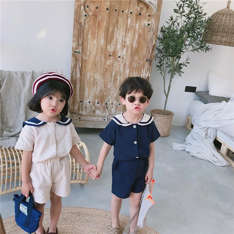 

2019 Summer Boys Girls Sailor Collar Cotton Linen Clothes Sets Korean Style Kids Children Short Sleeve T-Shirt + Shorts 2pc Suit