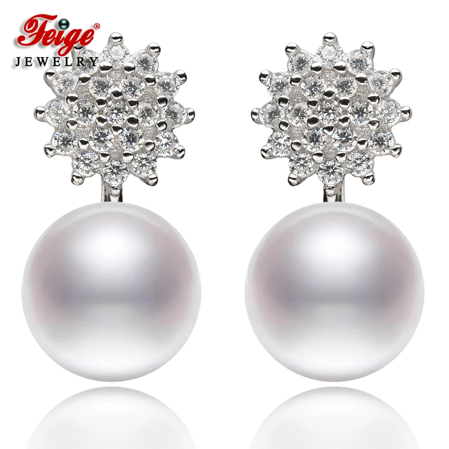 

FEIGE New Design 7-8mm White Natural Freshwater Pearls 925 Sterling Silver Stud Earrings For Women's Brincos Fine Jewelry