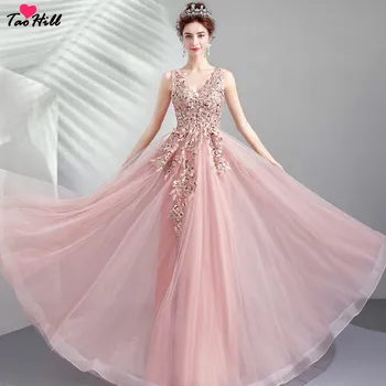 

TaoHill Real Made 2019 Lady Wedding Guest Dress Floral Applique Beads and Pearls Bean Paste Pink Long Bridesmaid Dress