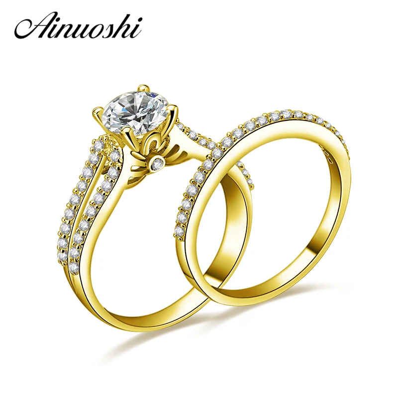 

AINUOSHI 10k Solid Yellow Gold Wedding Ring Set 1ct Round Cut SONA Diamond Ring Set Luxurious Engagement Wedding Jewelry Gift