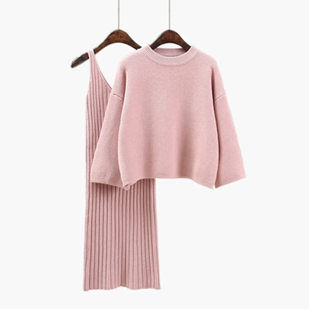 YJSFG дом 2 шт женские наборы вязаный костюм платье пуловер с длинным рукавом осень зима теплый свитер платье дамы o-образным вырезом Топы элегантные - Цвет: Розовый