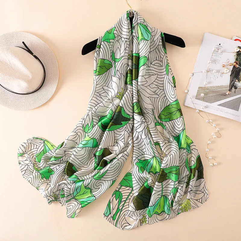 

New silk scarf women Lotus leaf Lotus flower pattern shawl wrap elegant foulard bandana top quality travel pashmina hijab femme
