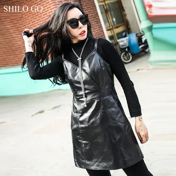 

SHILO GO Leather Dress Womens Summer Fashion sheepskin genuine leather Dress spaghetti strap sexy office lady pencil dress