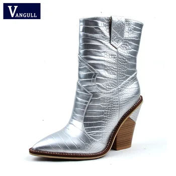

Vangull 2019 Size 43 Fashion Winter Western Cowboy Boots Cowgirl Boots Women Shoes Pointed Toe Splicing Sequin PU Leather Shoes