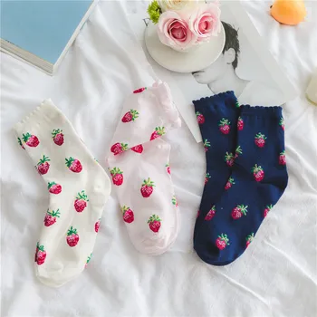 

Lolita Style Cute Strawberry Pattern Women Girl Crew Bubble Socks Combed Cotton Kawaii Harajuku Funny Casual Art Sox White