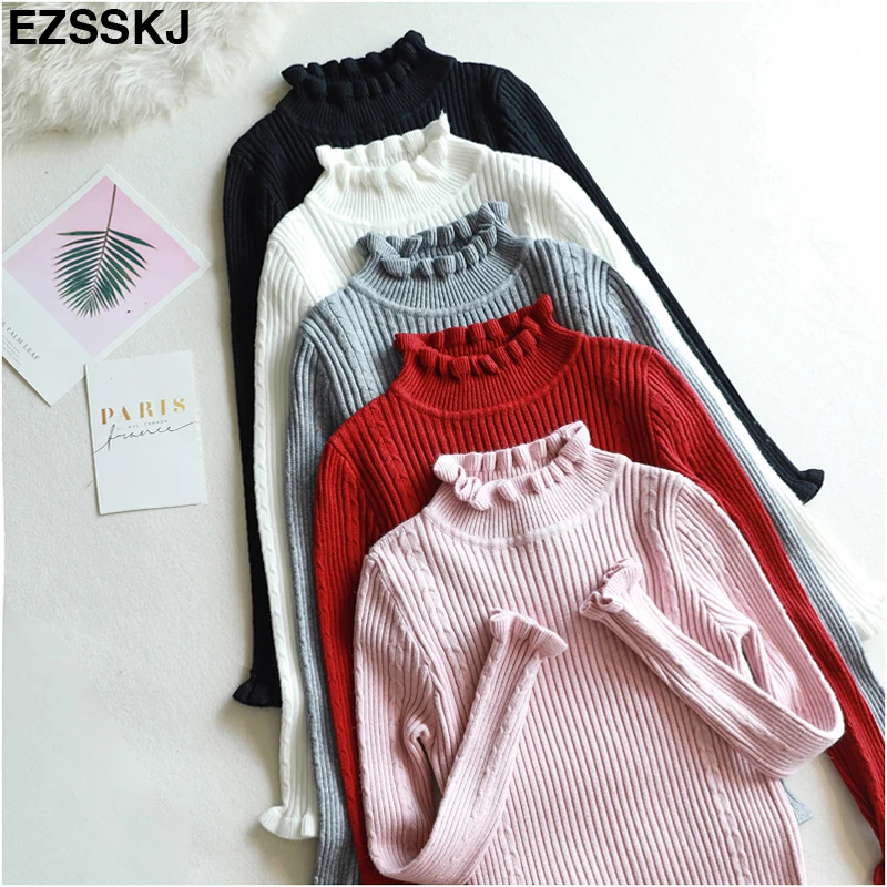 

2018 New Ruffles Cashmere Sweaters Women Long Sleeve Turtleneck Pullovers Women Autumn Winter Slim thick Sweater Women Jumpers