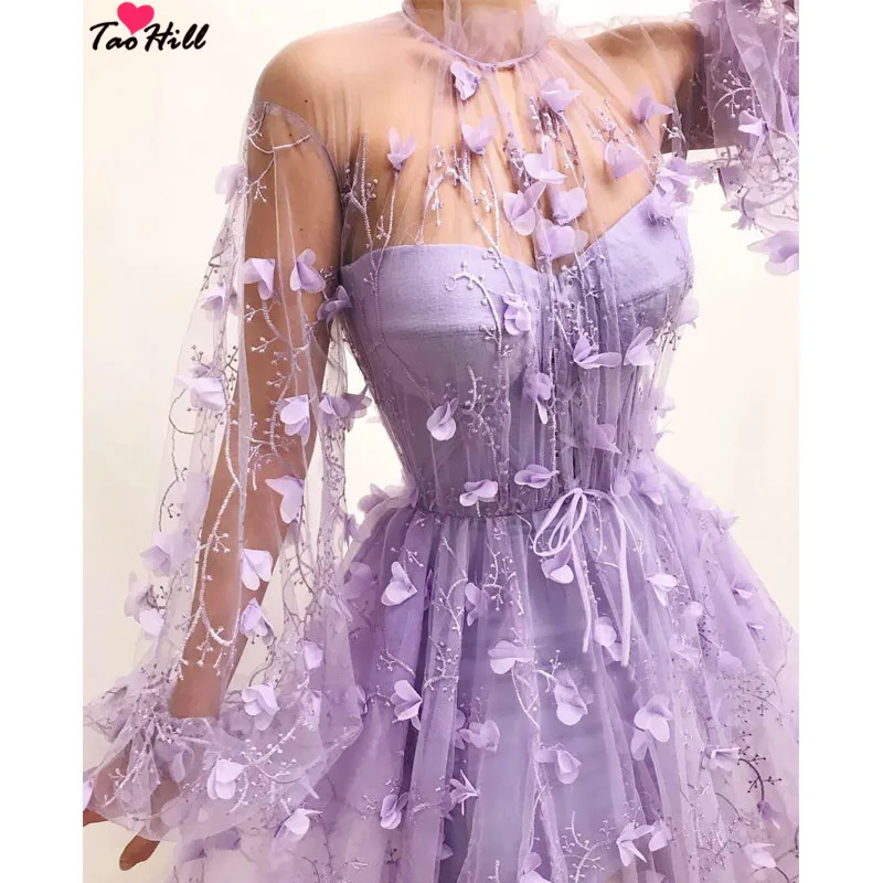 TaoHill вечерние платья трапециевидной формы с высоким воротом, сексуальные прозрачные сиреневые платья с длинным рукавом, Vestido Longo De Festa