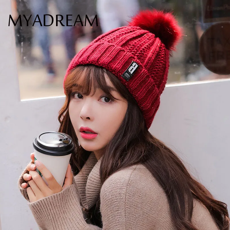 

MYADREAM Solid Color Outdoor Winter Beanie Hat Thicken Knitted Hats for Women Bone Feminino Fashion Fur Pompom Cap