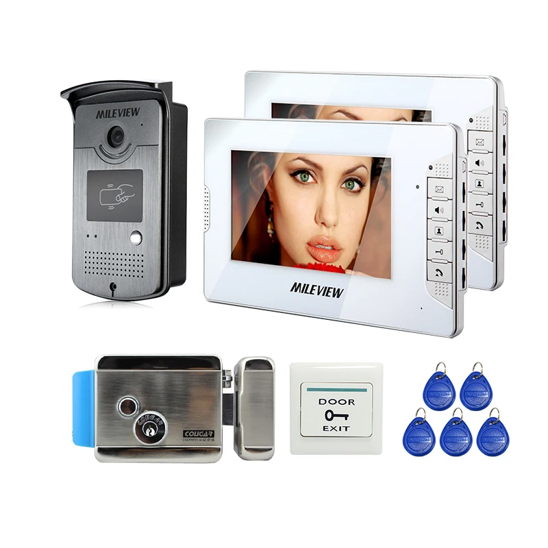 

Wholesale New Home 7" LCD Video Door Phone Intercom System + 2 White Monitors + RFID Door Camera + Electric Lock FREE SHIPPING