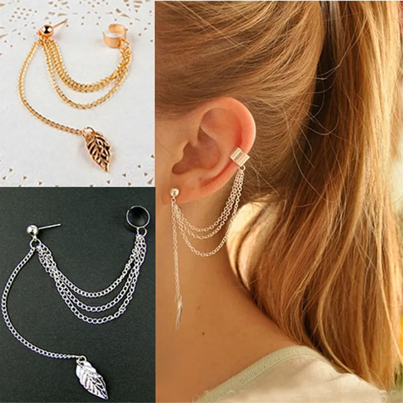 

1pcs Metal Ear Clip Leaf Tassel Earrings for Women Ear Cuff Jewelry Gold Silver Color Vintage Clip Earring Brincos Bijoux Gift
