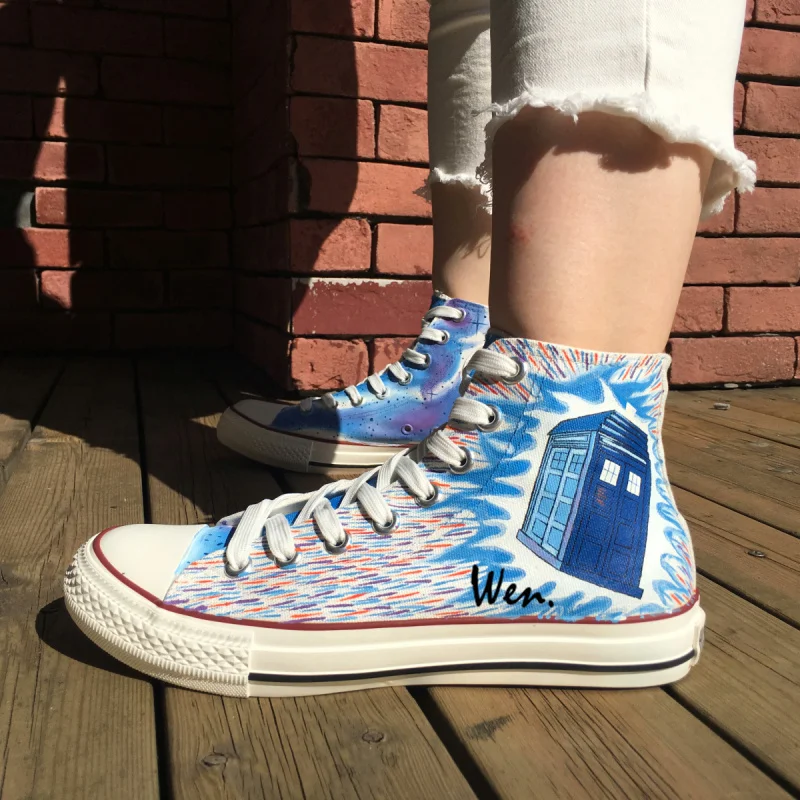 

Colorful High Top Personalized Shoes Doctor Who Tardis Men Women Unique Birthday Gifts Hand Painted Canvas Sneakers Art Wen