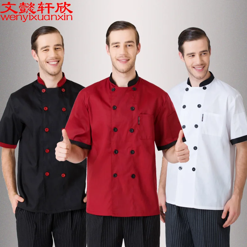 

Chefs Wear Short Sleeve Men's Summer Chef Jacket Male Restaurant Chef Uniform Plus Size Kitchen Chef Overalls 4 Colors B-6415