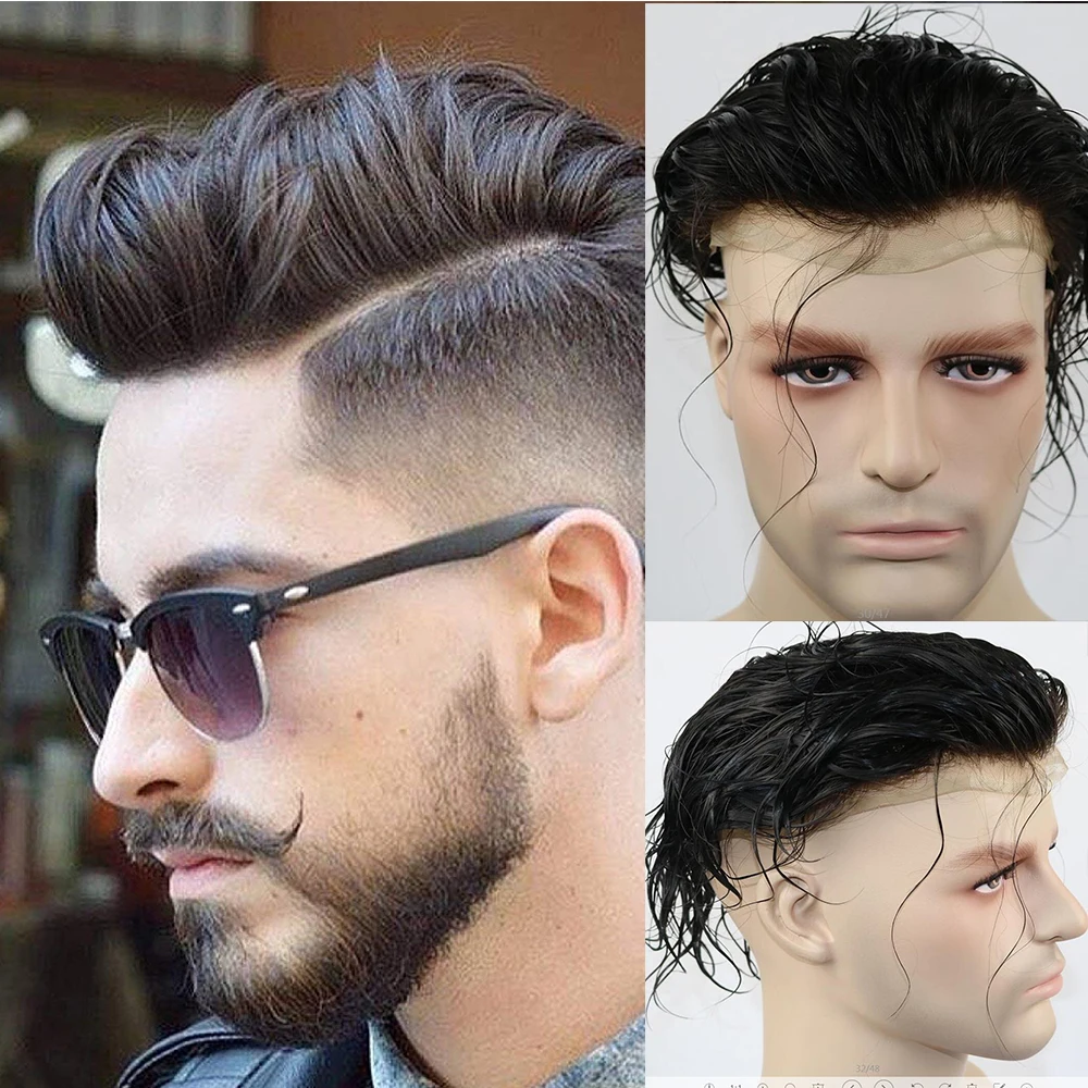 

SimBeauty Bleacked knots Toupee for Men Full Swiss Lace Men's Wig Hair Pieces Brazilian Virgin Human Hair Replacement