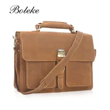 Vintage Men Crazy Horse Genuine Leather Briefcase 15.6 Inch Laptop Bag Purse Flap Pocket Male Vintage Messenger Sling Bag 4015