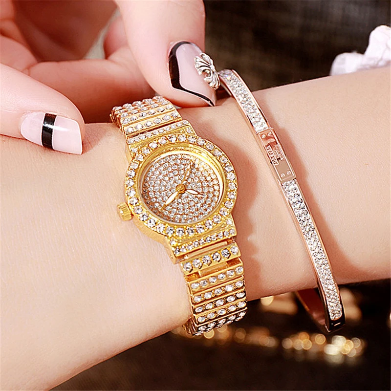 

Fashion Women Gold Watch Star Noble Style Shining Ladies Wrist Watches Crystal Diamond Female Quartz Clock Steel Watchband New