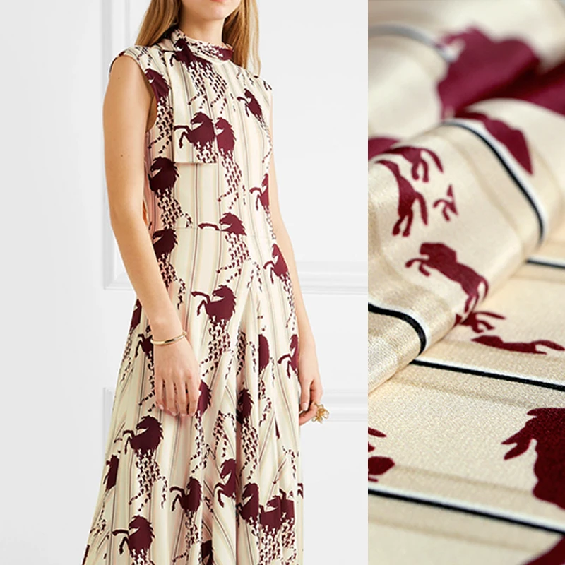

138CM 16MM Dark Red Horse Print Thin Silk Crepe De Chine Fabric Good for Summer Dress Skirt Shirt Scarf Pants E991