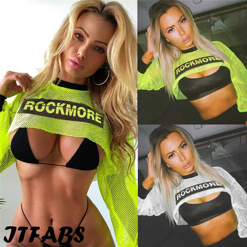 

2019 Hip-Hop Women Ladies Hollow Out Fish Net Shirts Long Sleeve Pullover Crop Tops Women Letter Print Mesh Sheer Outerwear