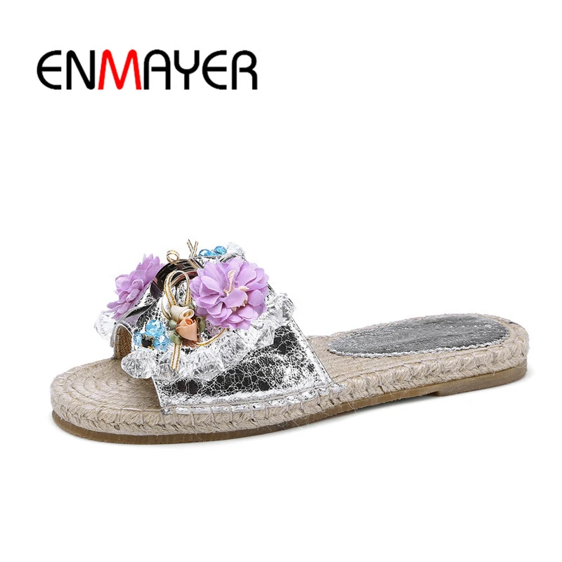 

ENMAYER Women Flats Sandals Peep Toe Female Slippers Summer Woman Causal shoes Daily Sandals Big Size 33-41 Flowers Silver CR788