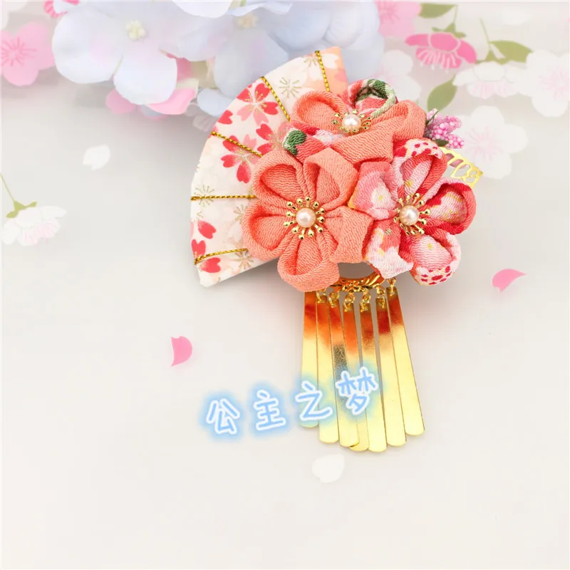 Pure Handmade Japanese Style Tsumami Kanzashi Hair Clip Pin - Pink and Red Tassels, Sakura Flower Fan Kimono Accessory image 4