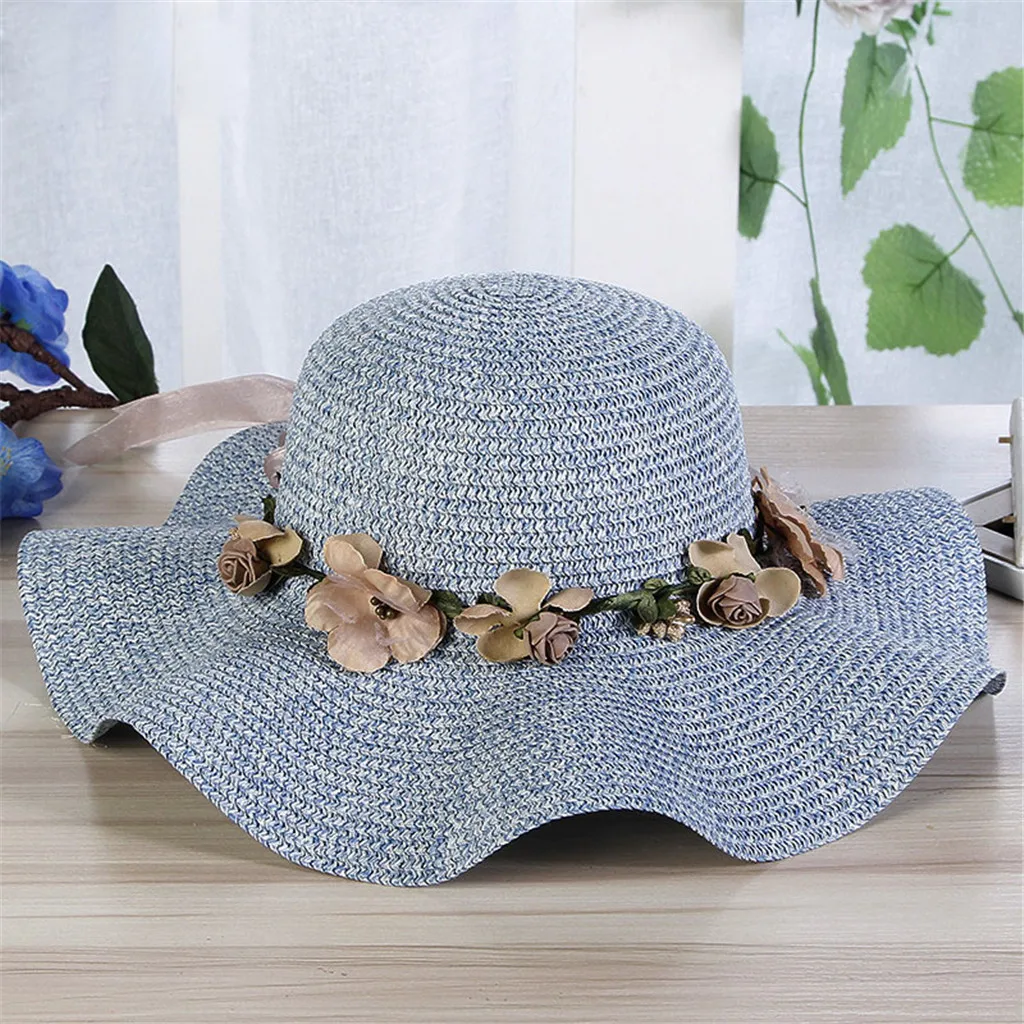 Для женщин пляж Кепки Большие широкие поля, из соломы шляпы и изображениями красочного цветка; пляжные кепки для защиты от солнца складывающаяся Кепка chapeau femme ete#3 - Цвет: Navy